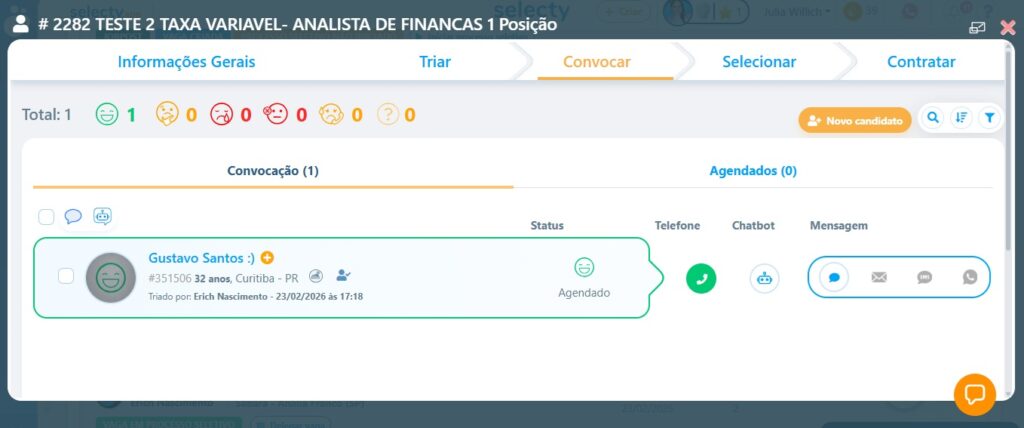 Print de uma tela dentro do sistema Selecty mostrando o funil de recrutamento dentro da plataforma