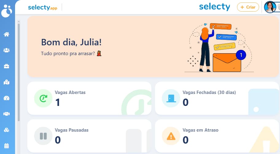 Print da tela de início do software de recrutamento e seleção Selecty mostrando a usabilidade fácil do sistema