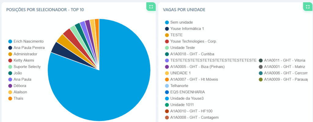 Print do dashboard do sistema Selecty mostrando alguns indicadores de recrutamento e seleção automáticos
