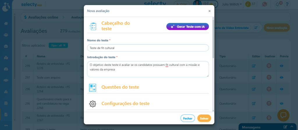 Print mostrando a criação de testes e avaliações no Selecty, a melhor plataforma de recrutamento e seleção do Brasil