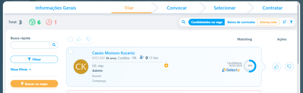 Print mostrando a triagem automática de candidatos no Selecty, a melhor plataforma de recrutamento e seleção do Brasil